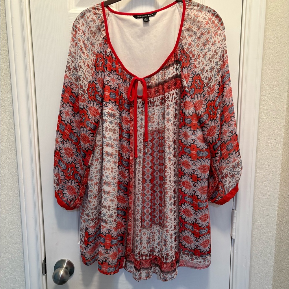 Zac & Rachel Red and White Floral Blouse sheer blouse